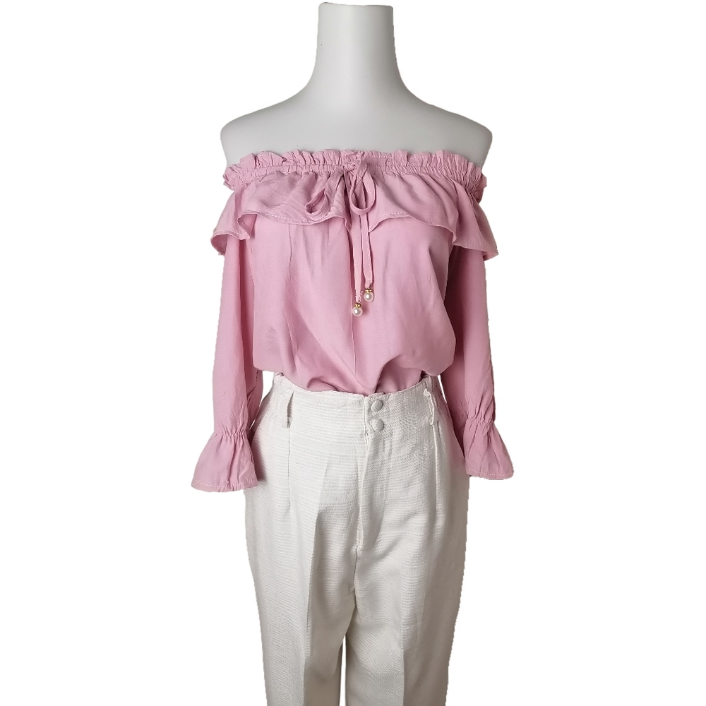 🍡 loose pink off-the-shoulder 1/2 length sleeves blouse